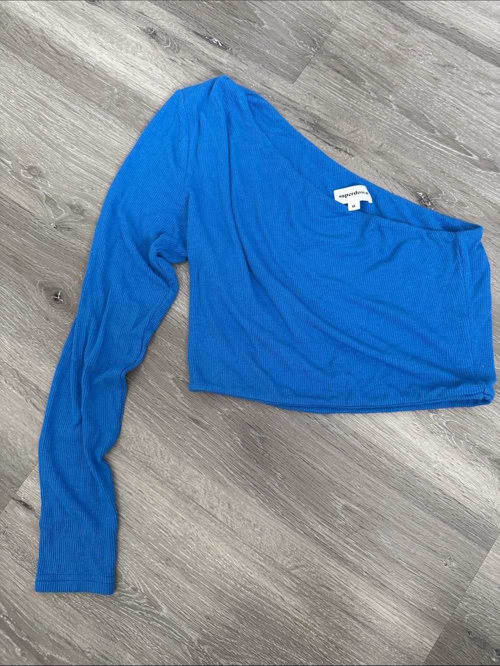 superdown Blue One-Shoulder Ribbed Long-Sleeve Crop Top Medium